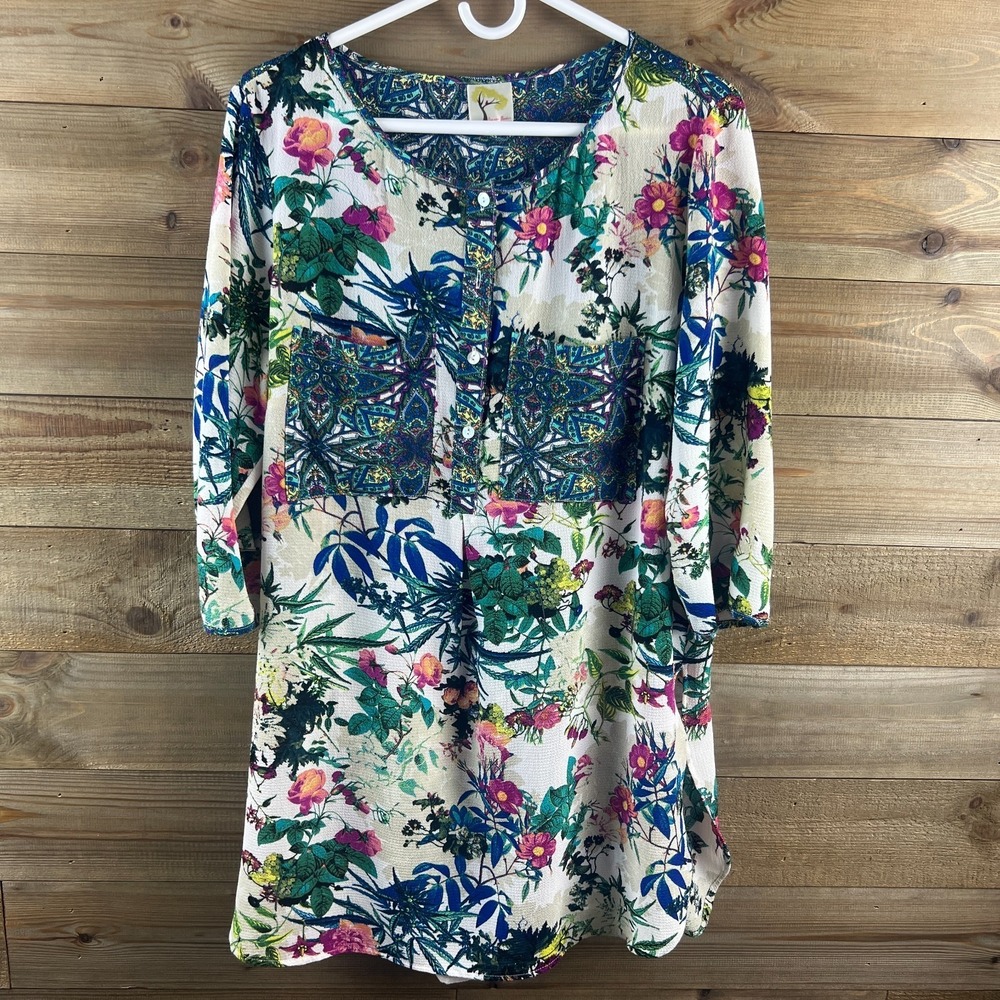 Fig And Flower Floral Womens Shirt 3/4 Sleeve Floral Tunic Boho Tropical Large